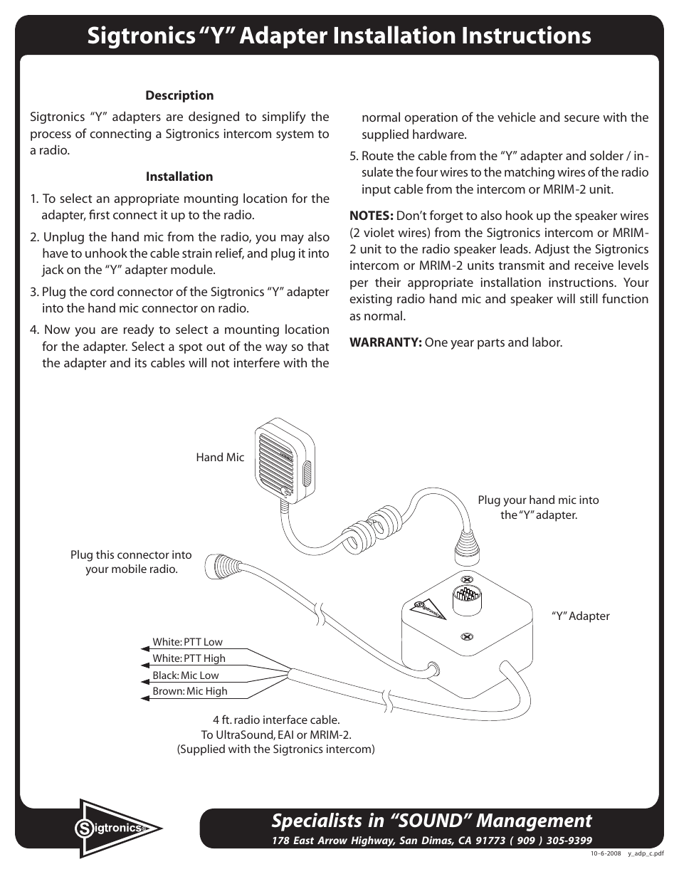 Sigtronics Y-ADP-DX User Manual | 1 page