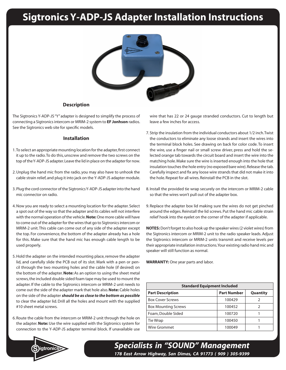 Sigtronics Y-ADP-JS User Manual | 2 pages