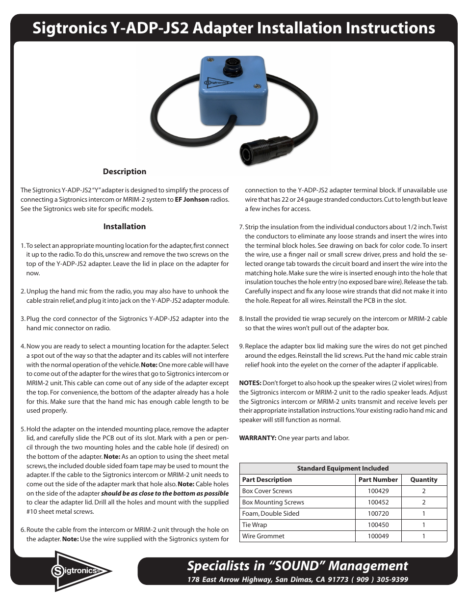 Sigtronics Y-ADP-JS2 User Manual | 2 pages