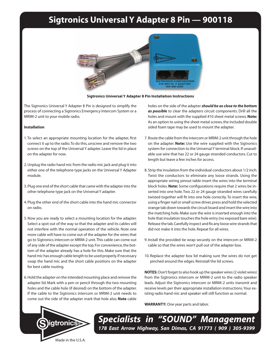Sigtronics 900118 User Manual | 5 pages