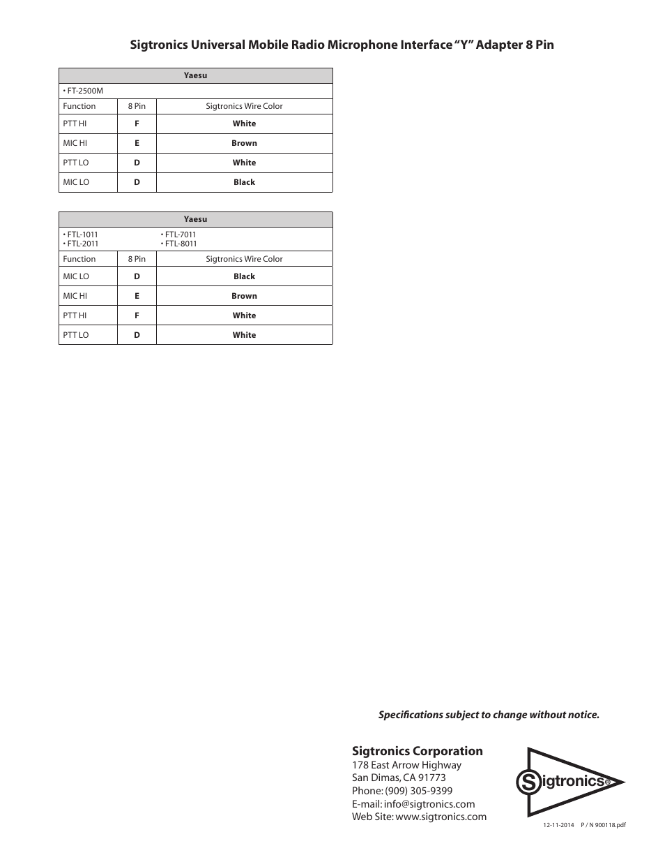 Igtronics, Sigtronics corporation | Sigtronics 900118 User Manual | Page 5 / 5