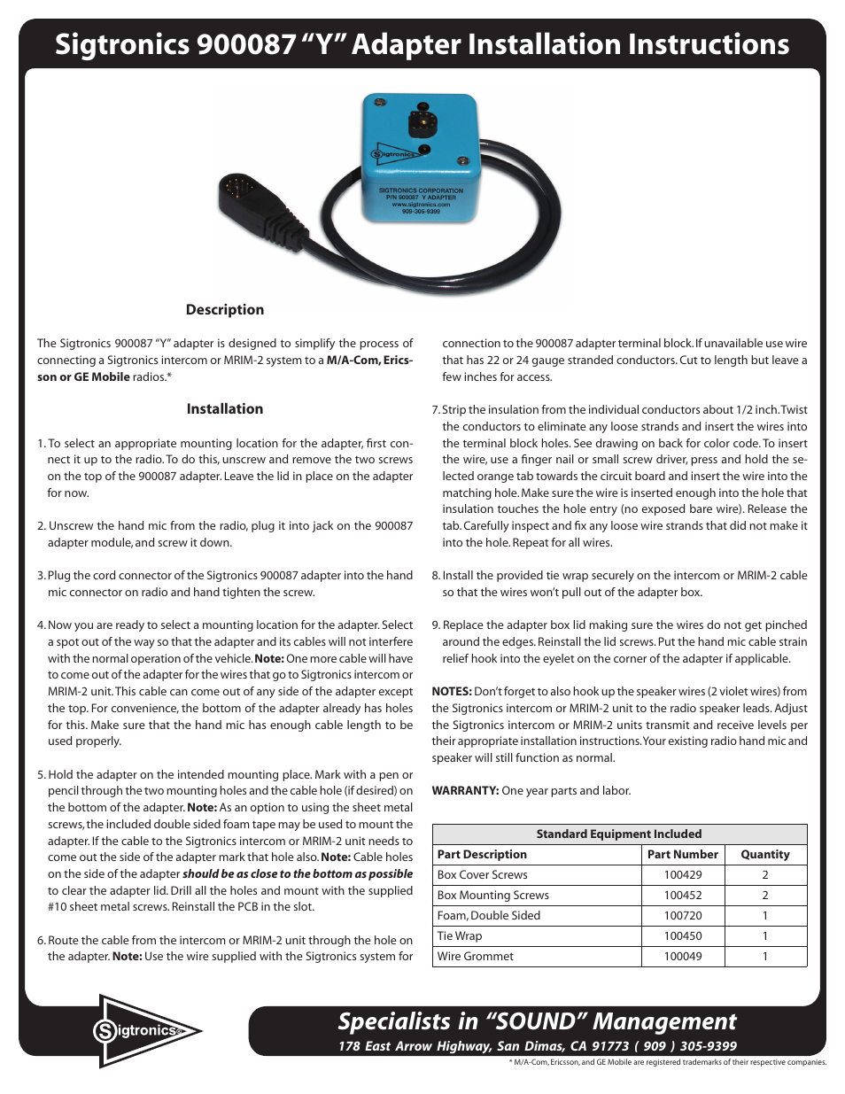 Sigtronics 900087 User Manual | 2 pages