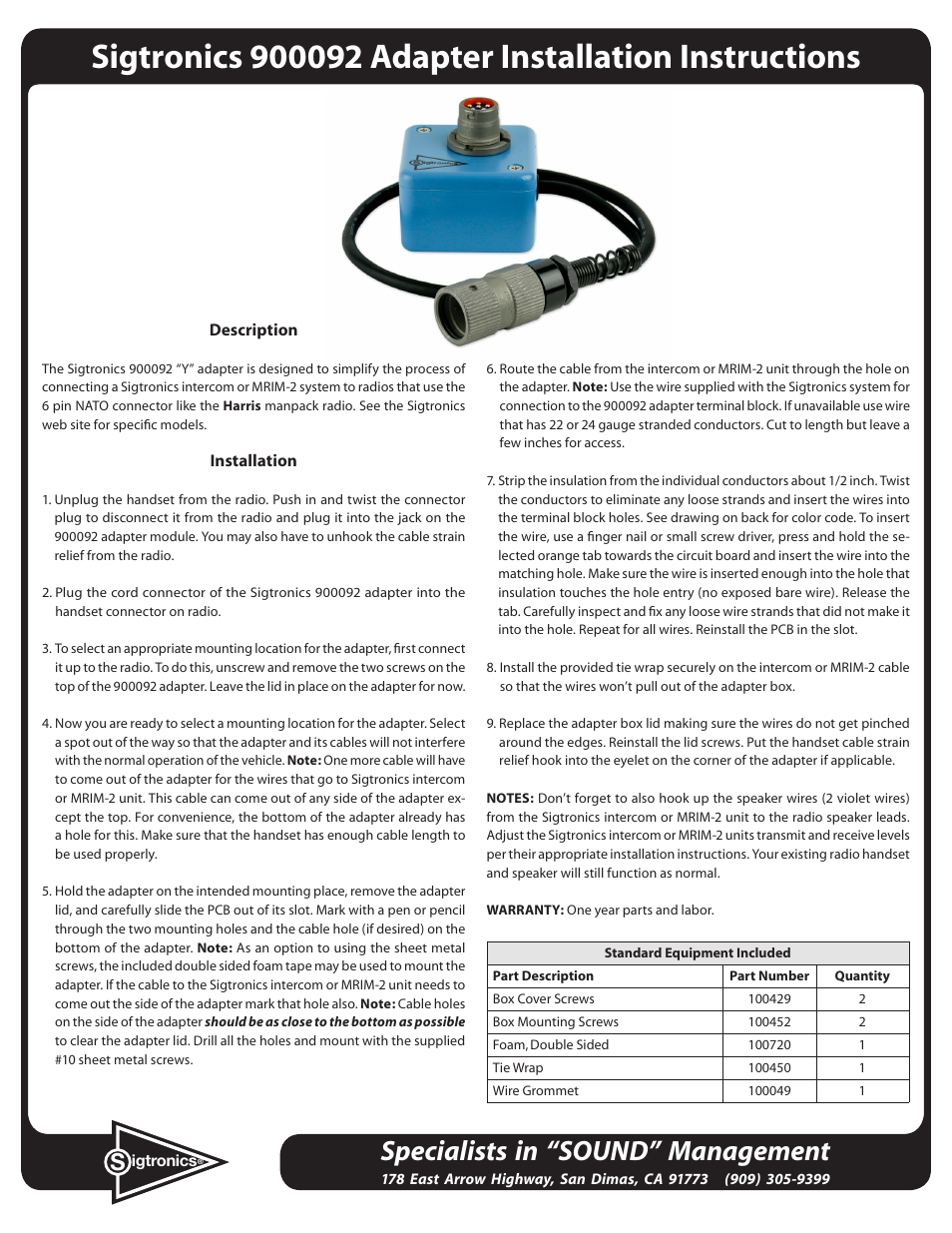 Sigtronics 900092 User Manual | 2 pages
