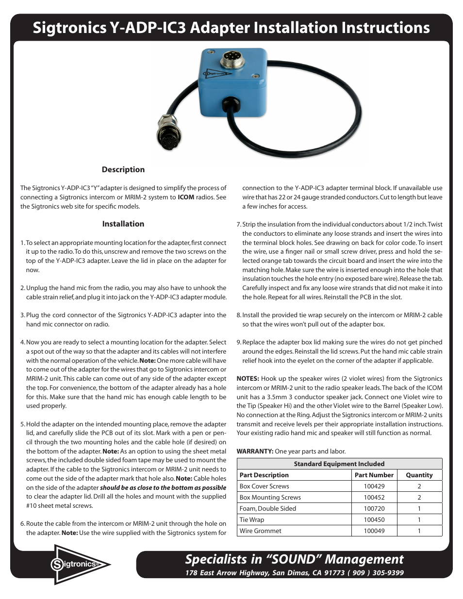Sigtronics Y-ADP-IC3 User Manual | 2 pages