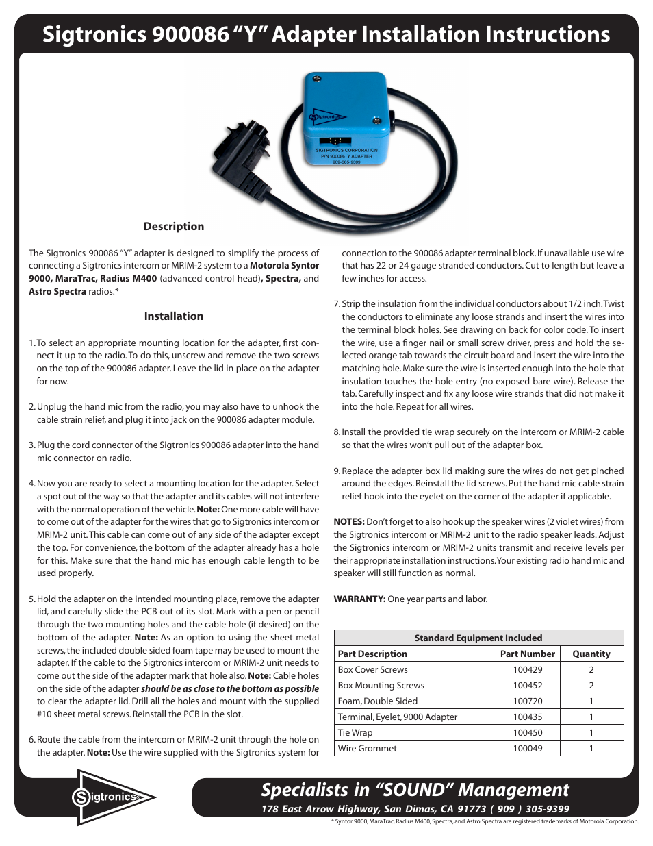 Sigtronics 900086 User Manual | 2 pages