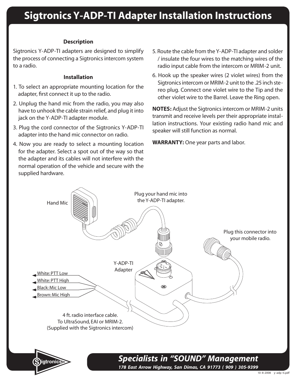 Sigtronics Y-ADP-TI User Manual | 1 page