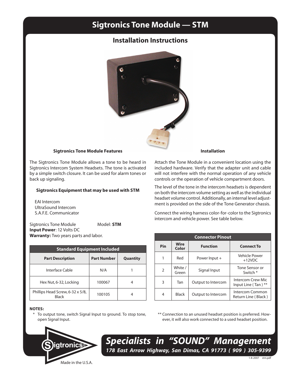 Sigtronics STM User Manual | 1 page