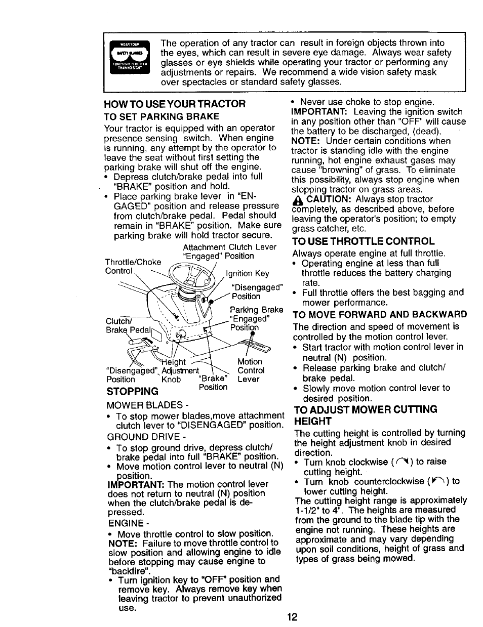 To set parking brake, To move forward and backward | Craftsman 917.271142 User Manual | Page 12 / 60