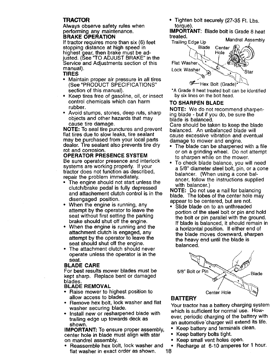Brake operation, Tires, Operator presence system | Blade care, Blade removal | Craftsman 917.271142 User Manual | Page 18 / 60