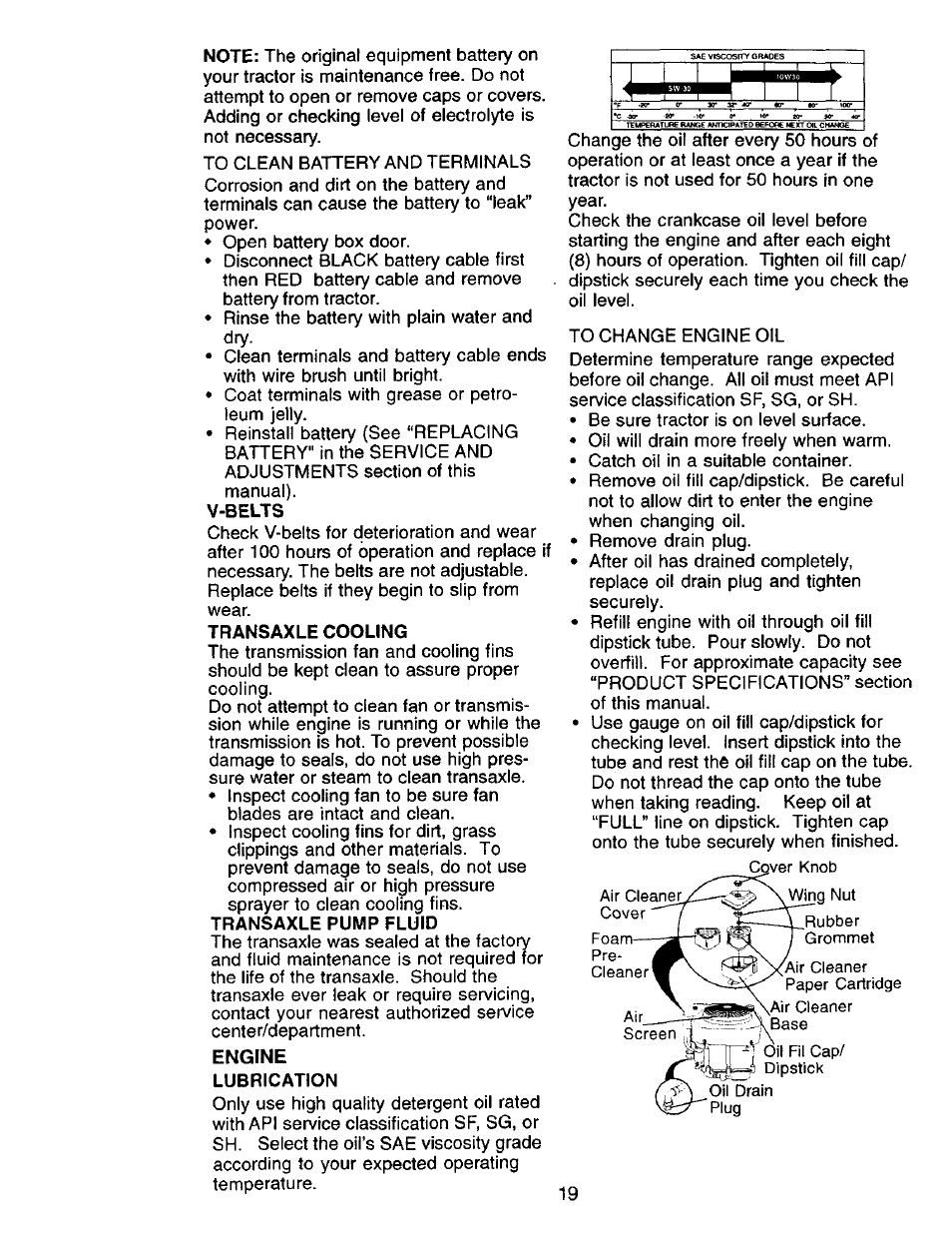 V-belts, Transaxle cooling, Engine | Lubrication | Craftsman 917.271142 User Manual | Page 19 / 60