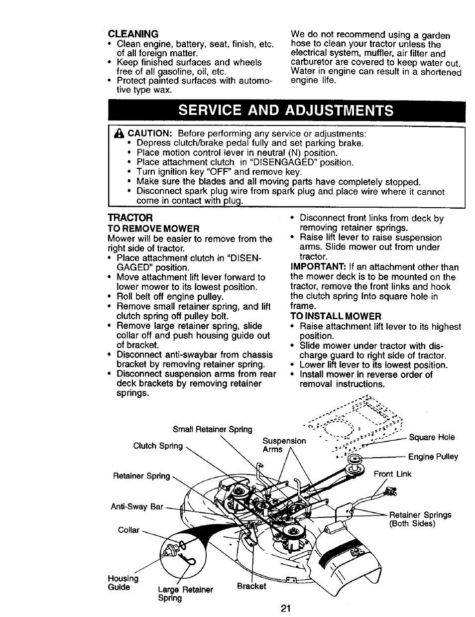 To remove mower, To install mower, Service and adjustments | Craftsman 917.271142 User Manual | Page 21 / 60