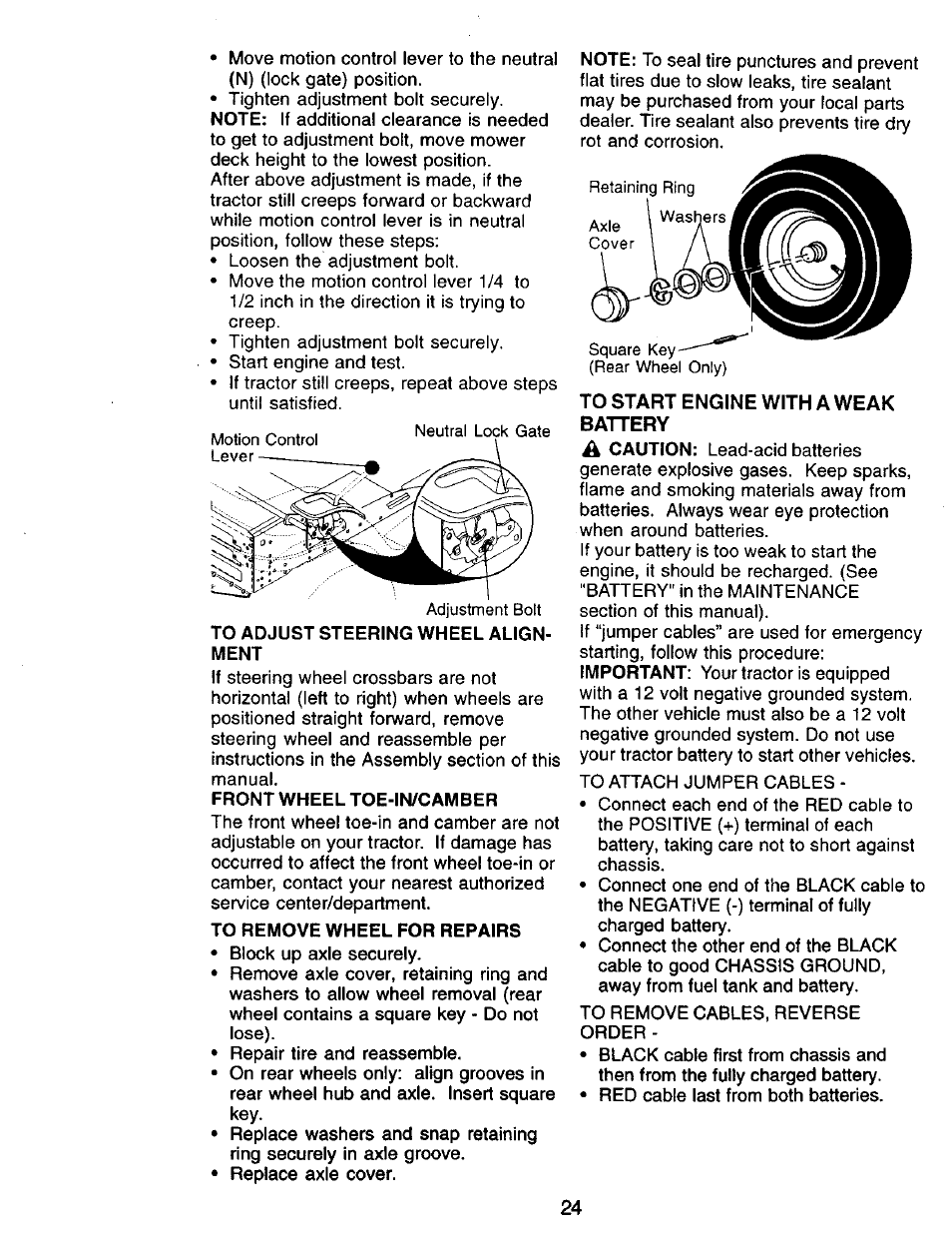 Front wheel toe-in/camber, To remove wheel for repairs | Craftsman 917.271142 User Manual | Page 24 / 60