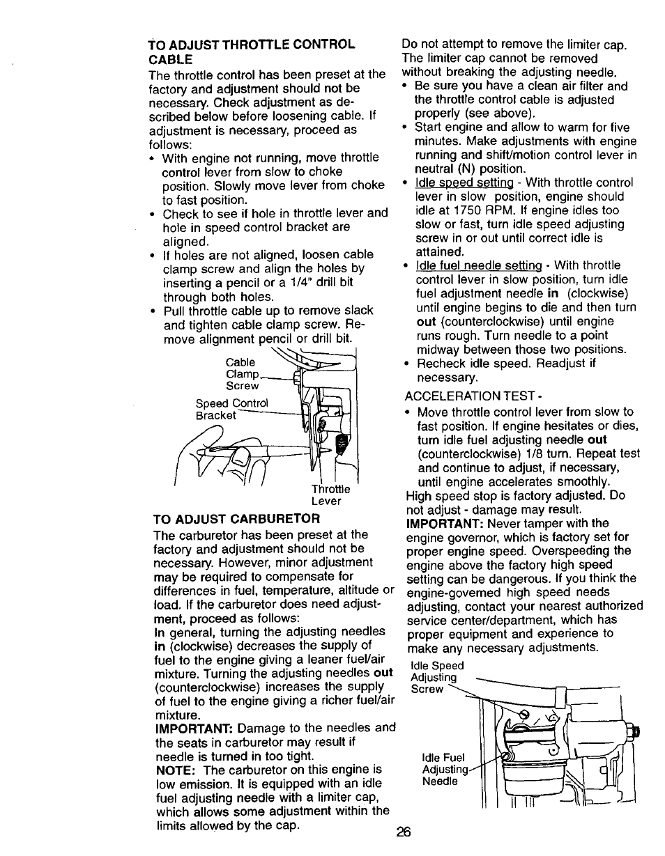 To adjust throttle control cable, To adjust carburetor | Craftsman 917.271142 User Manual | Page 26 / 60