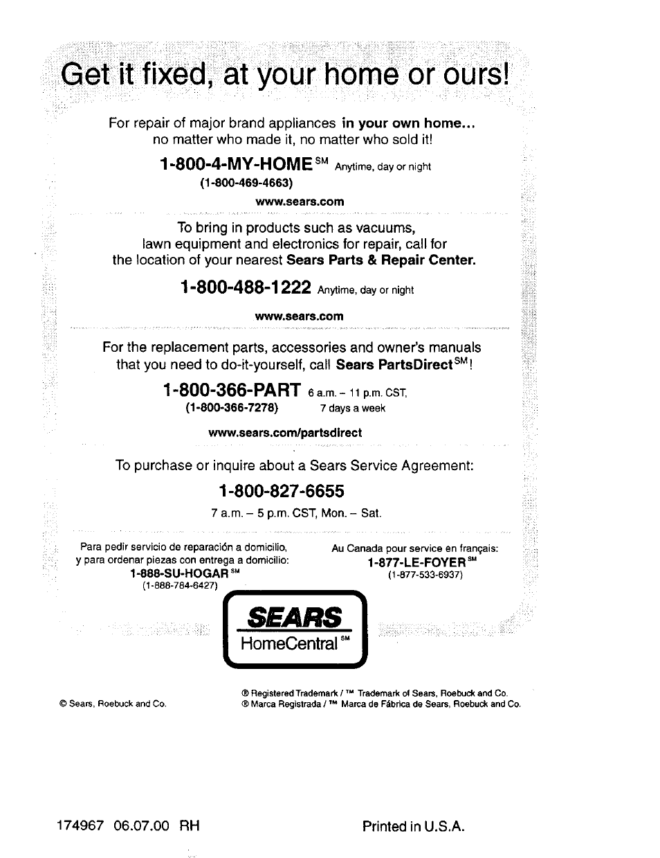 Www.sears.com, Www.sears.com/partsdirect, Homecentral | Get it fixed, at your home or ours, Sears, 800-4-my-home | Craftsman 917.271142 User Manual | Page 60 / 60