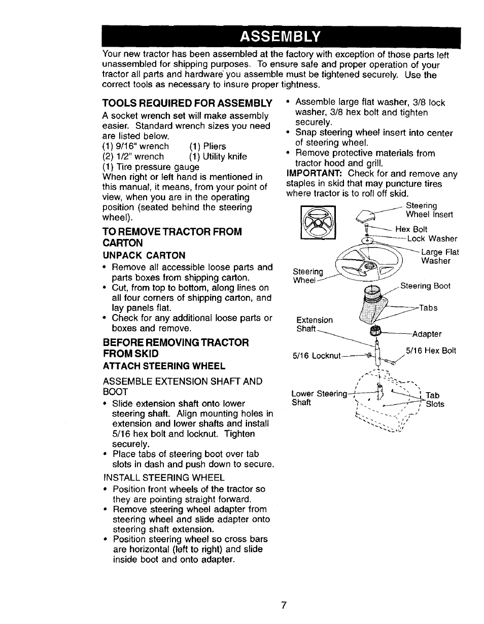 Unpack carton, Attach steering wheel, Assembly | Craftsman 917.271142 User Manual | Page 7 / 60