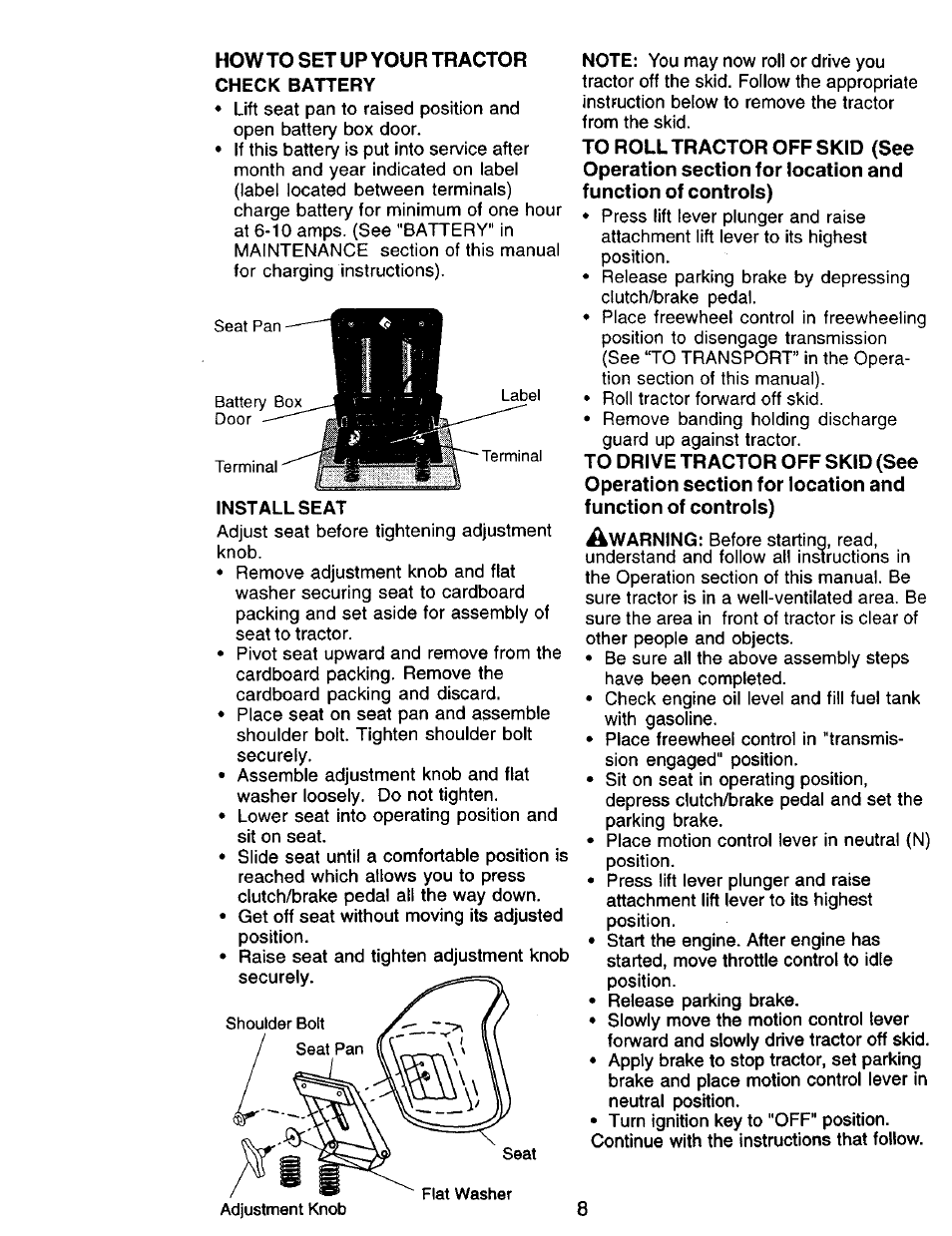 Check battery, Installseat | Craftsman 917.271142 User Manual | Page 8 / 60