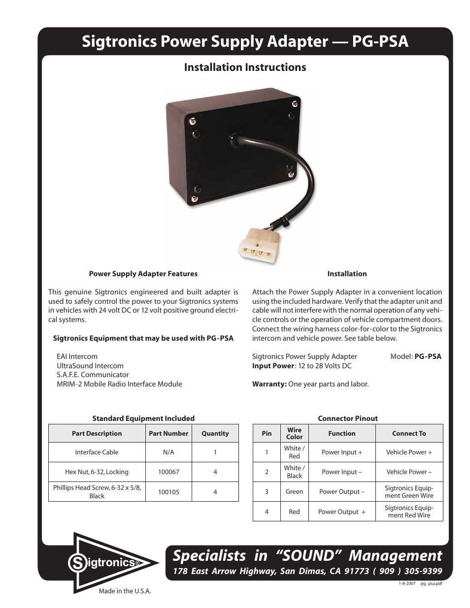 Sigtronics PG-PSA User Manual | 1 page