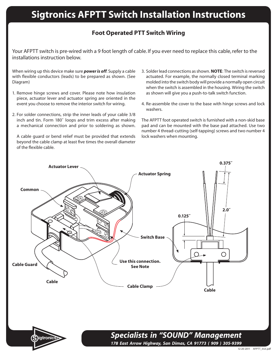 Sigtronics AFPTT User Manual | 2 pages