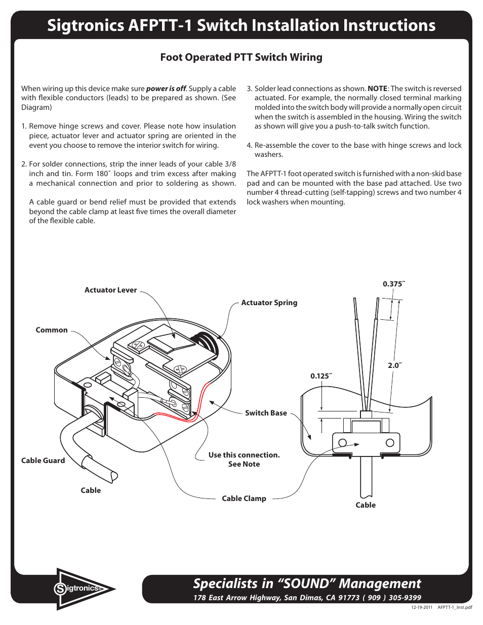 Sigtronics AFPTT-1 User Manual | 2 pages