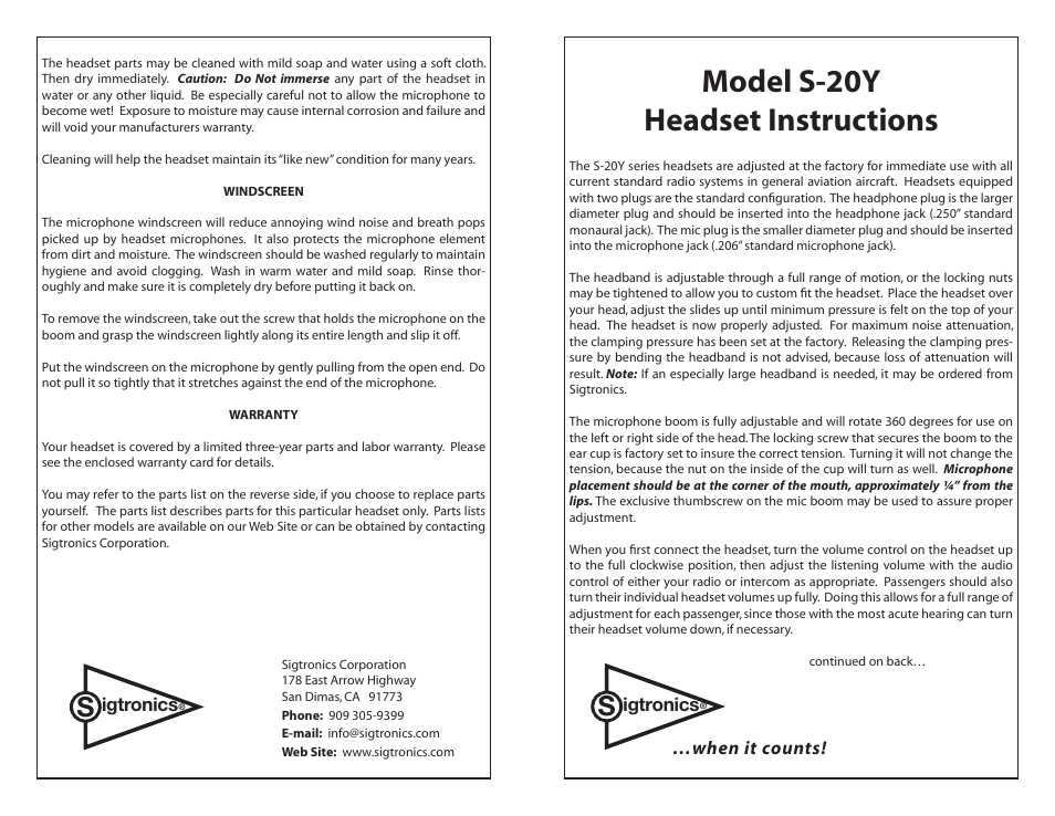 Sigtronics S-20Y User Manual | 2 pages