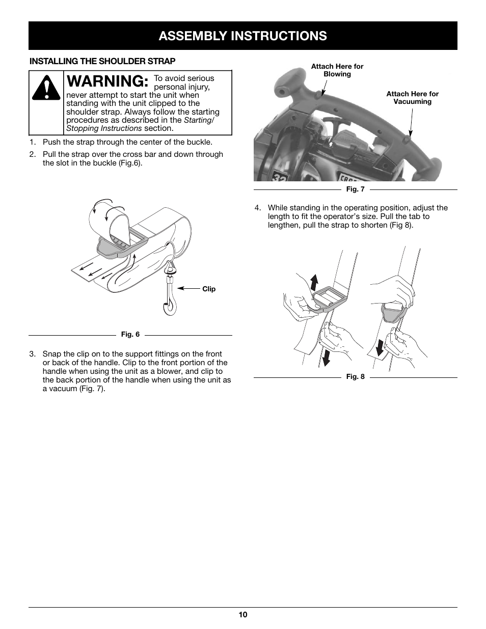 Warning, Assembly instructions | Craftsman 316.79497 User Manual | Page 10 / 48