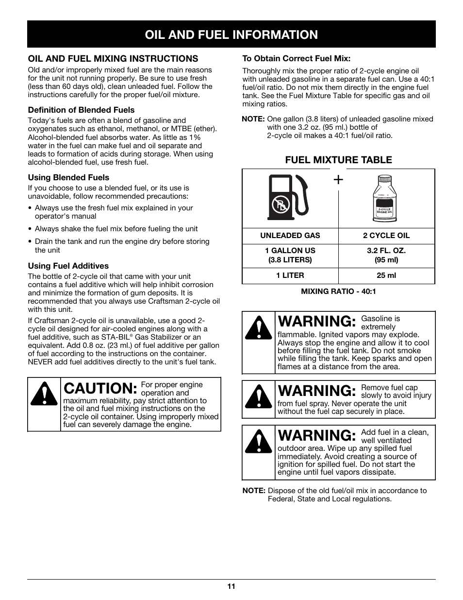 Warning, Caution, Oil and fuel information | Craftsman 316.79497 User Manual | Page 11 / 48