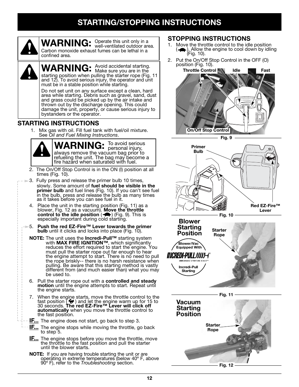 Warning, Starting/stopping instructions, Starting instructions | Stopping instructions, Vacuum starting position, Blower starting position | Craftsman 316.79497 User Manual | Page 12 / 48