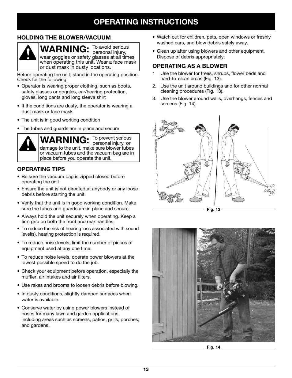 Warning, Operating instructions | Craftsman 316.79497 User Manual | Page 13 / 48