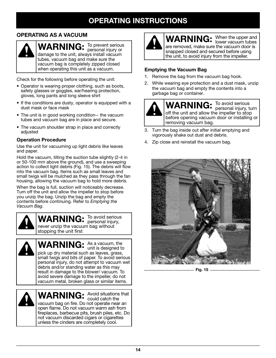 Warning, Operating instructions | Craftsman 316.79497 User Manual | Page 14 / 48