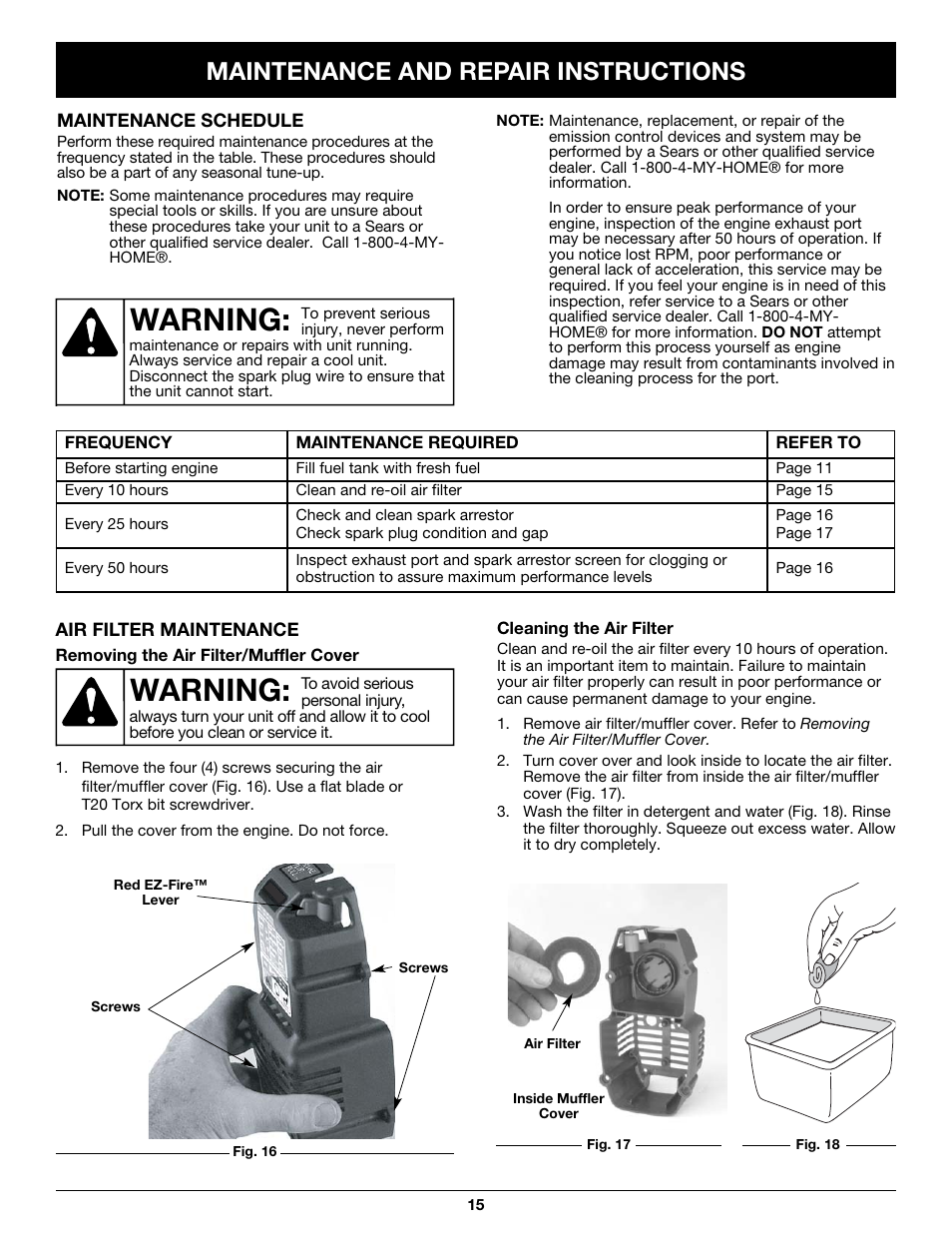 Warning, Maintenance and repair instructions | Craftsman 316.79497 User Manual | Page 15 / 48