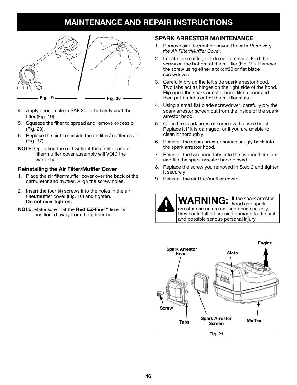 Warning, Maintenance and repair instructions | Craftsman 316.79497 User Manual | Page 16 / 48