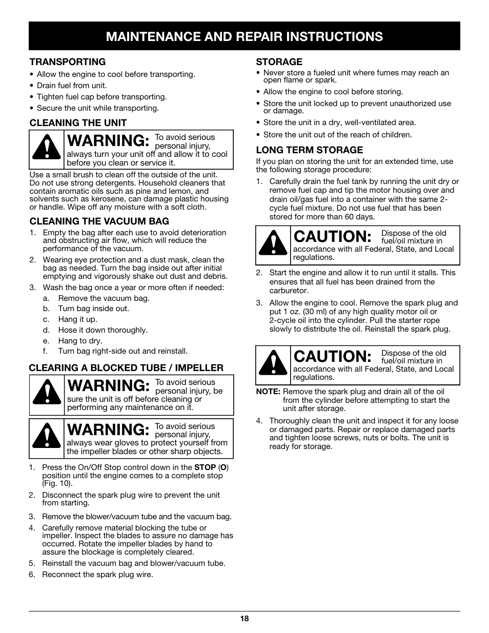 Warning, Caution, Maintenance and repair instructions | Craftsman 316.79497 User Manual | Page 18 / 48