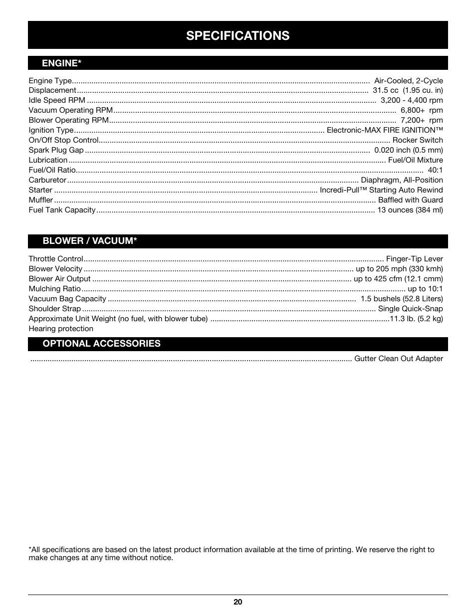 Specifications | Craftsman 316.79497 User Manual | Page 20 / 48