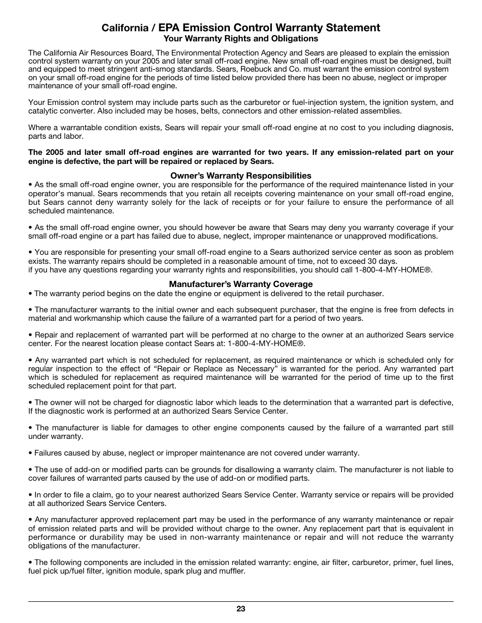 Epa emission control warranty statement, California | Craftsman 316.79497 User Manual | Page 23 / 48