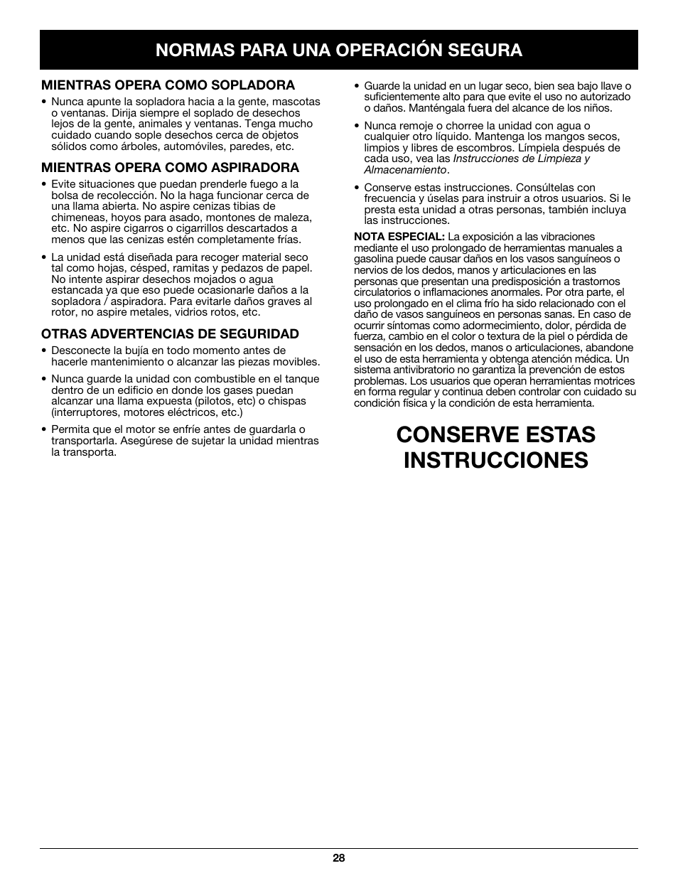 Conserve estas instrucciones, Normas para una operación segura | Craftsman 316.79497 User Manual | Page 28 / 48