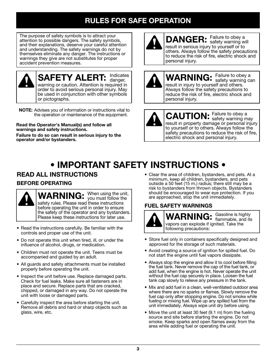 Warning, Danger, Caution | Safety alert, Warning: • important safety instructions, Rules for safe operation | Craftsman 316.79497 User Manual | Page 3 / 48