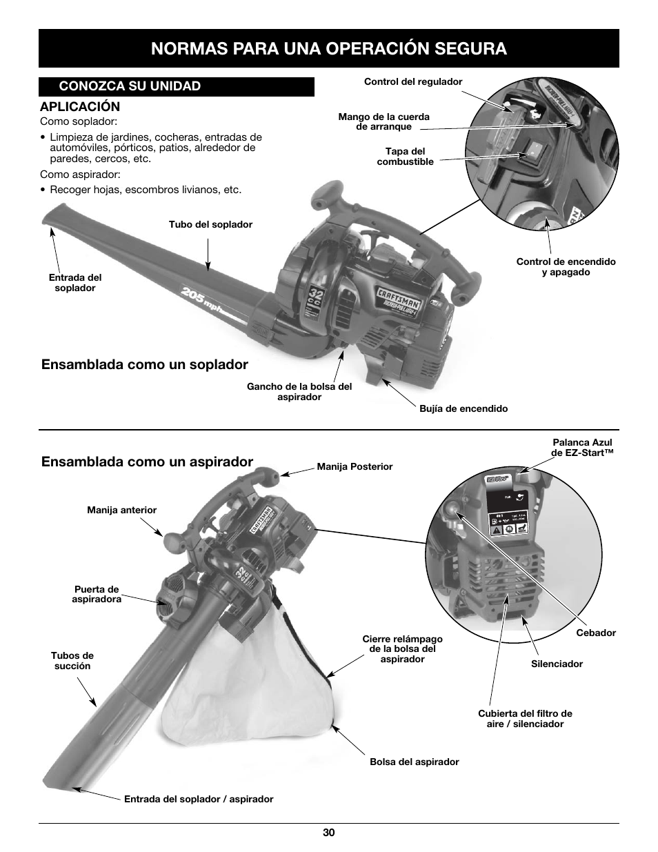 Normas para una operación segura, Ensamblada como un soplador, Ensamblada como un aspirador | Craftsman 316.79497 User Manual | Page 30 / 48