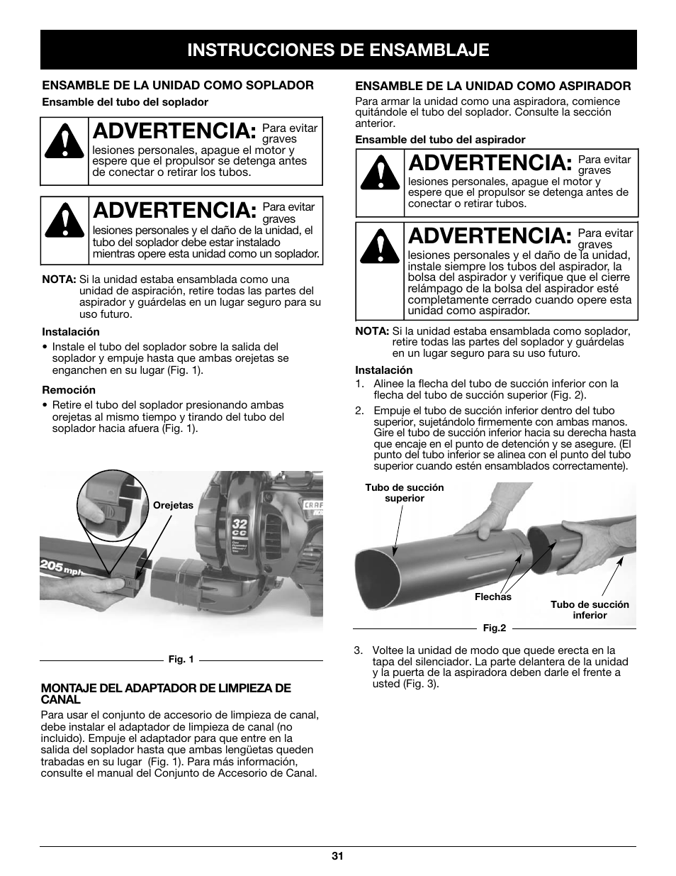 Advertencia, Instrucciones de ensamblaje | Craftsman 316.79497 User Manual | Page 31 / 48