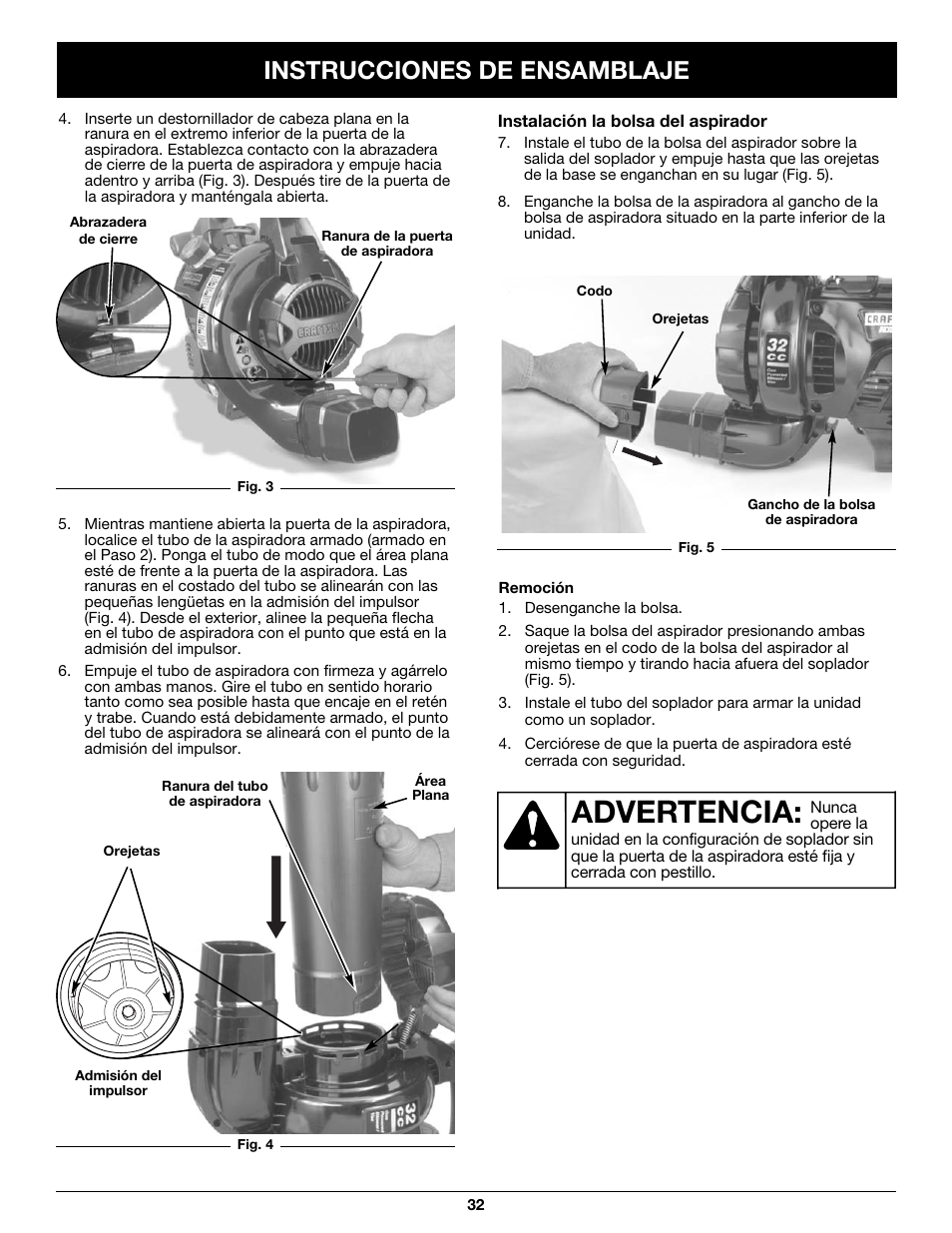 Advertencia, Instrucciones de ensamblaje | Craftsman 316.79497 User Manual | Page 32 / 48