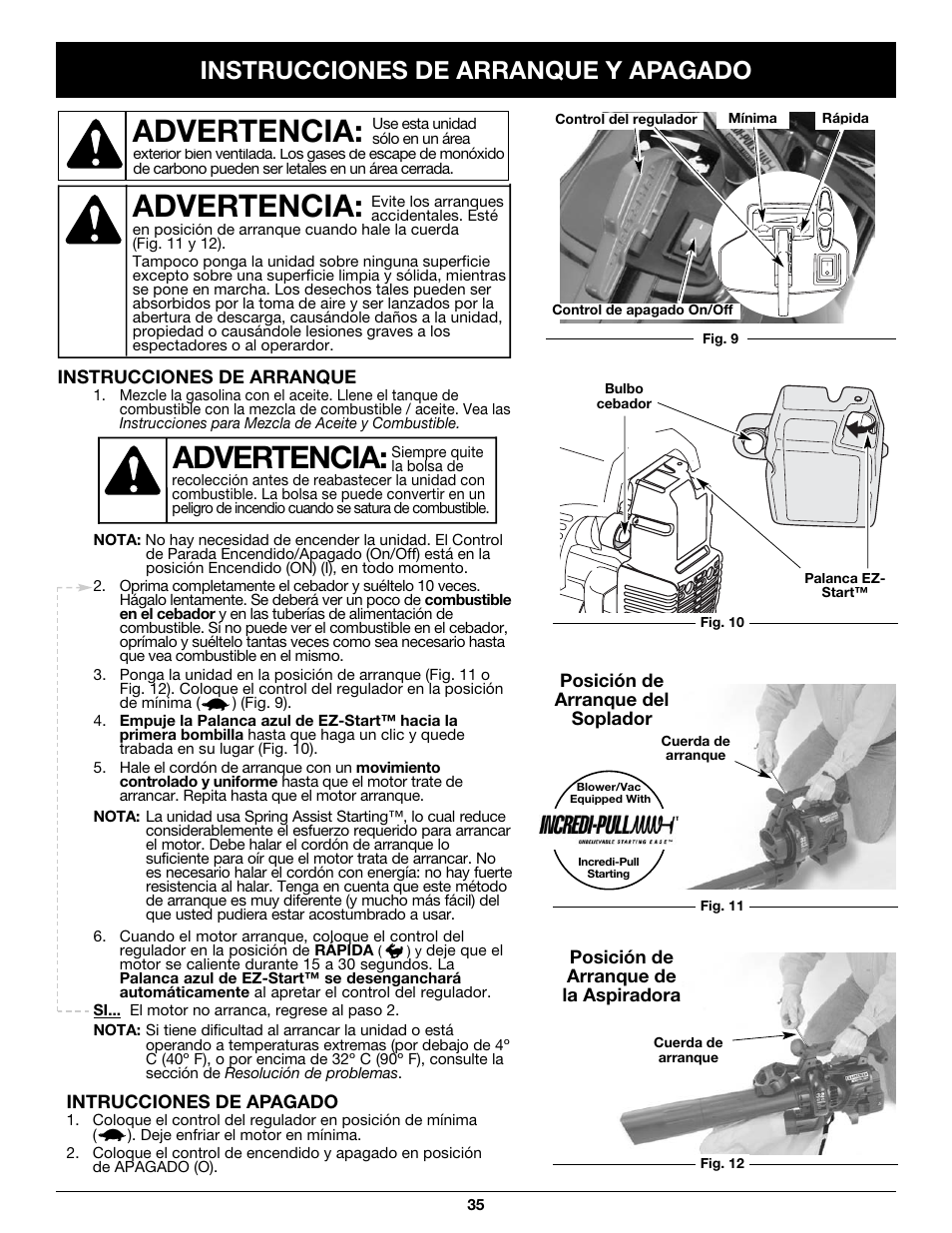 Advertencia, Instrucciones de arranque y apagado | Craftsman 316.79497 User Manual | Page 35 / 48