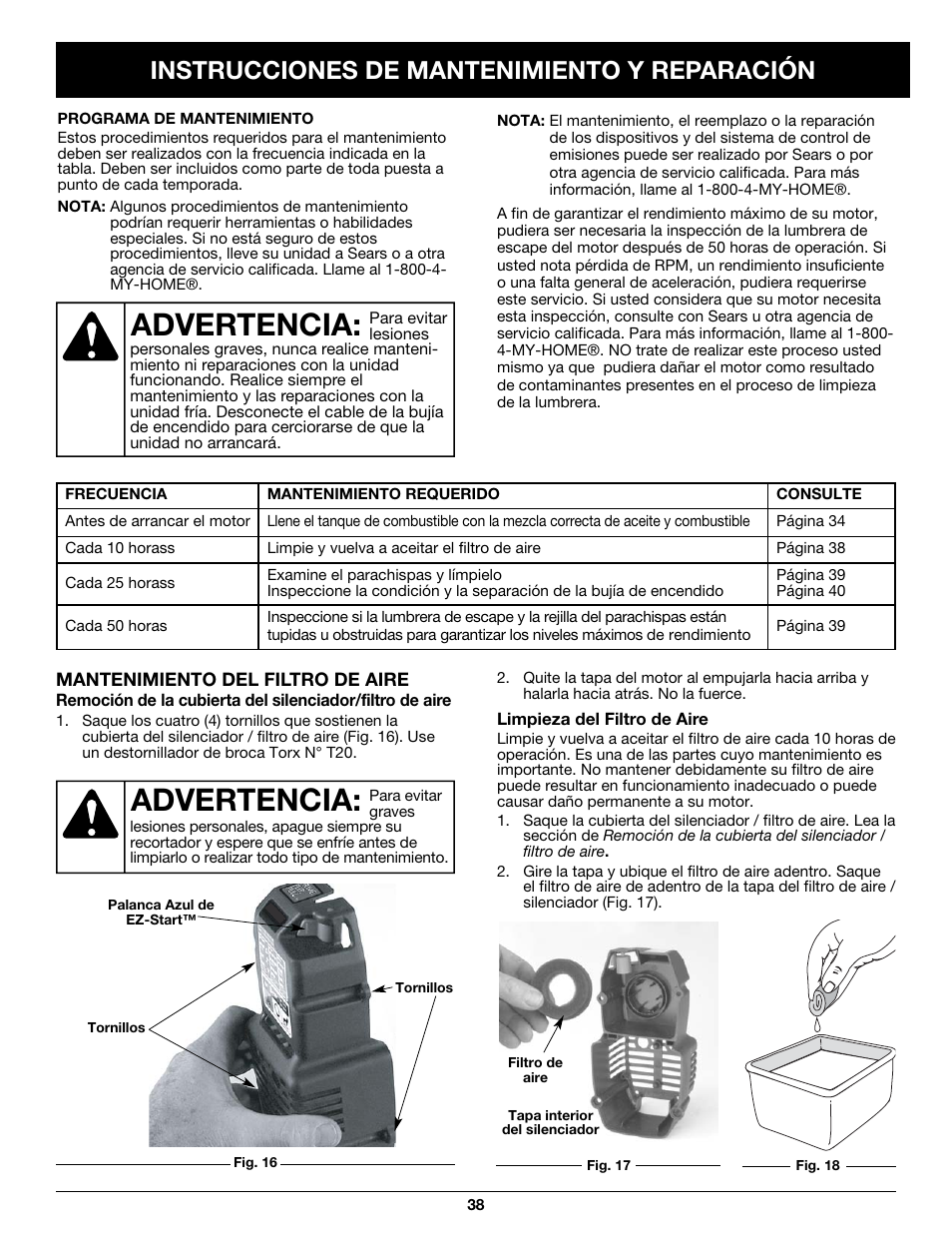 Advertencia, Instrucciones de mantenimiento y reparación | Craftsman 316.79497 User Manual | Page 38 / 48