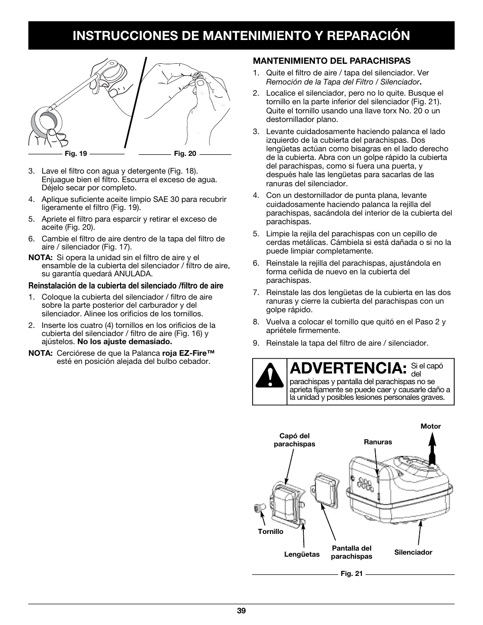 Advertencia, Instrucciones de mantenimiento y reparación | Craftsman 316.79497 User Manual | Page 39 / 48