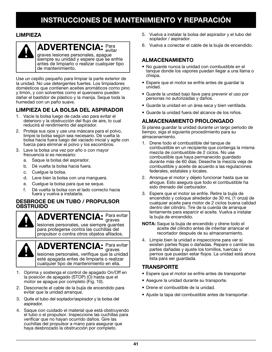 Advertencia, Instrucciones de mantenimiento y reparación | Craftsman 316.79497 User Manual | Page 41 / 48