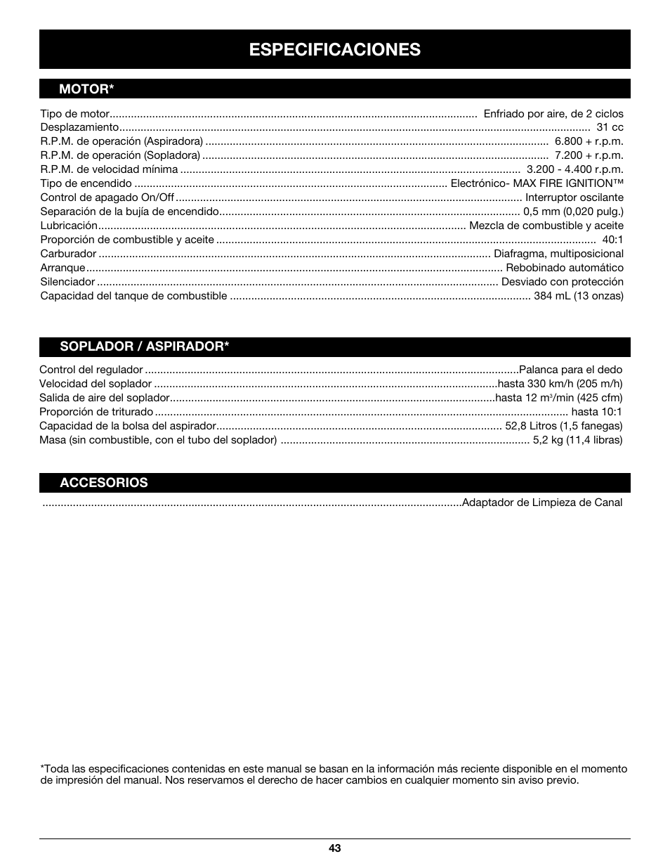 Especificaciones | Craftsman 316.79497 User Manual | Page 43 / 48