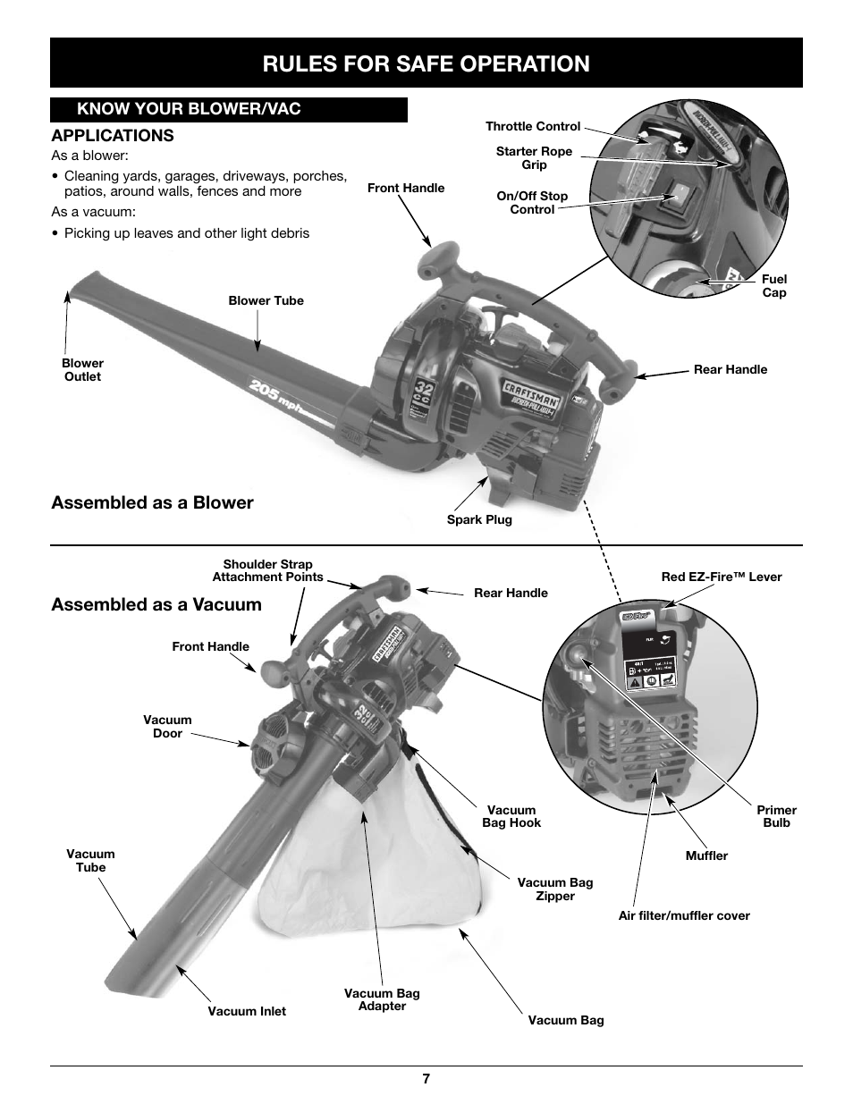 Rules for safe operation, Assembled as a blower assembled as a vacuum | Craftsman 316.79497 User Manual | Page 7 / 48