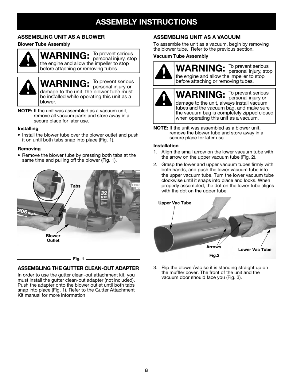 Warning, Assembly instructions | Craftsman 316.79497 User Manual | Page 8 / 48