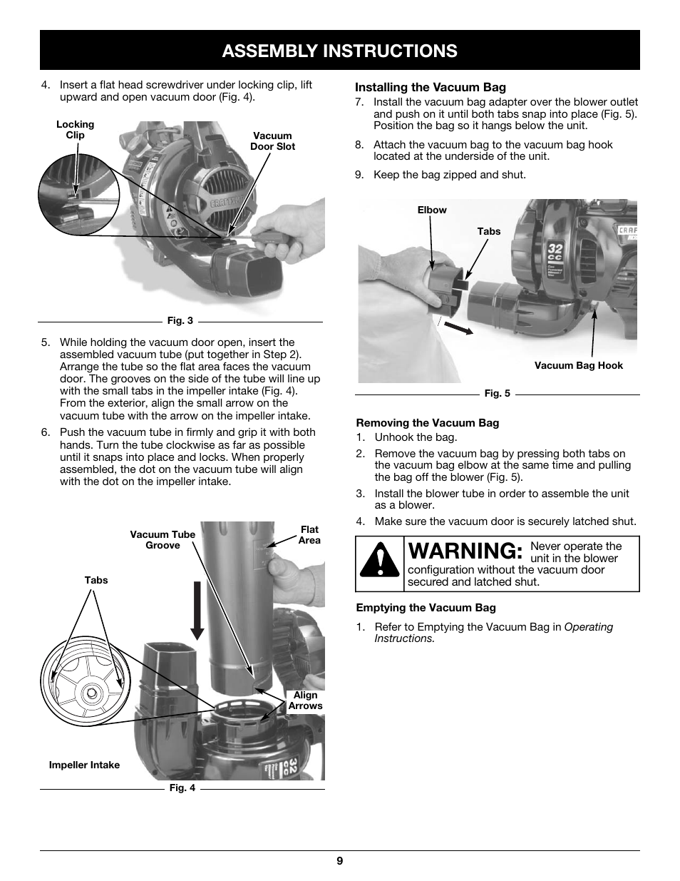 Warning, Assembly instructions | Craftsman 316.79497 User Manual | Page 9 / 48