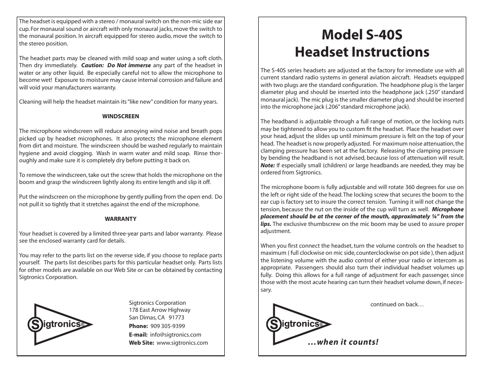 Sigtronics S-40S User Manual | 2 pages