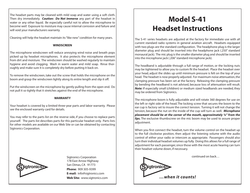 Sigtronics S-41 User Manual | 2 pages