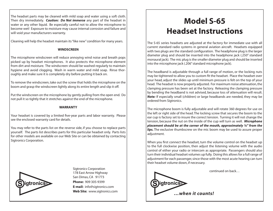 Sigtronics S-65 User Manual | 2 pages